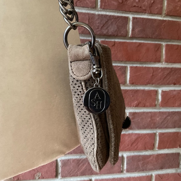 ASH Dark Taupe Leather Suede Boho Crossbody Chunky Metal Strap Bag - Picture 3 of 16